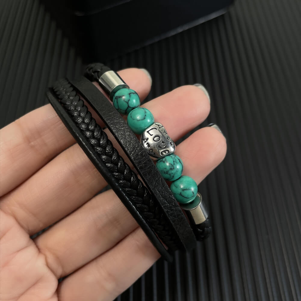 AG Mens 4 Layers Black Leather gemstone Bracelet With Love Heart Ornament - AGCHEN JEWELRY,man bracelet