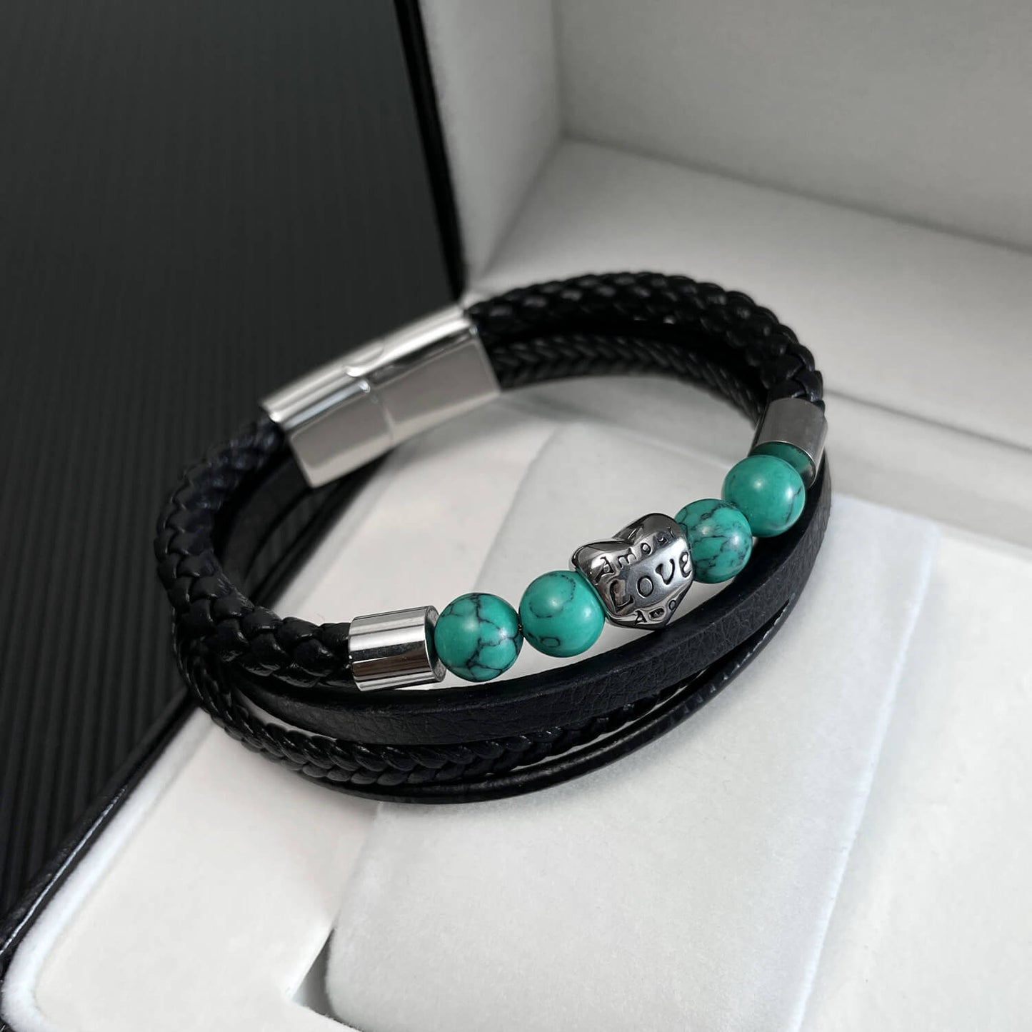 AG Mens 4 Layers Black Leather gemstone Bracelet With Love Heart Ornament - AGCHEN JEWELRY,man bracelet