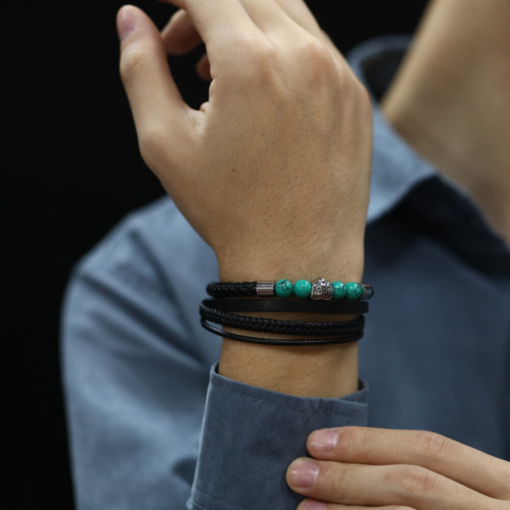 AG Mens 4 Layers Black Leather gemstone Bracelet With Love Heart Ornament - AGCHEN JEWELRY,man bracelet