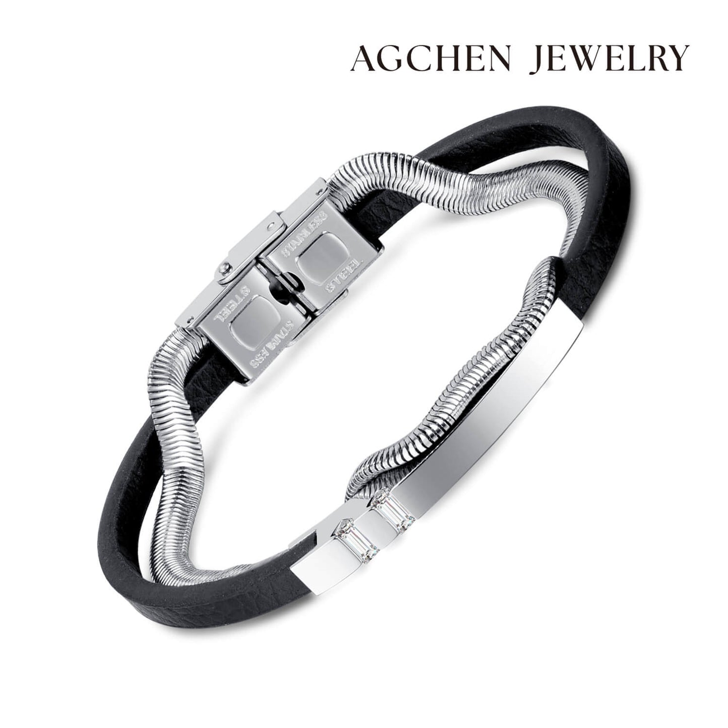 AG Mens 2 Layers Bracelet With Smooth Stainless Steel Belt - AGCHEN JEWELRY,man bracelet