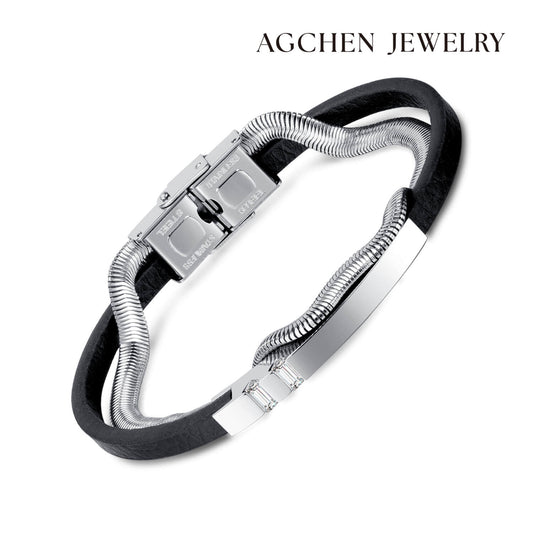 AG Mens 2 Layers Bracelet With Smooth Stainless Steel Belt - AGCHEN JEWELRY,man bracelet
