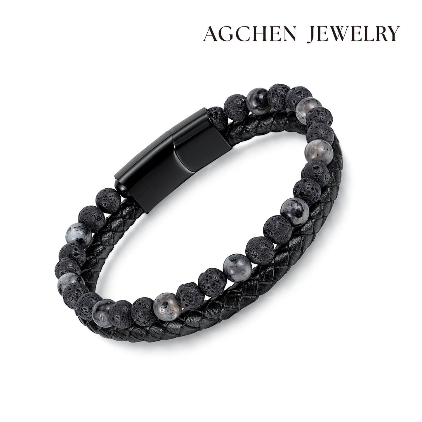 AG Mens 2 Layers Black Leather Woven Beads Bracelet - AGCHEN JEWELRY,man bracelet