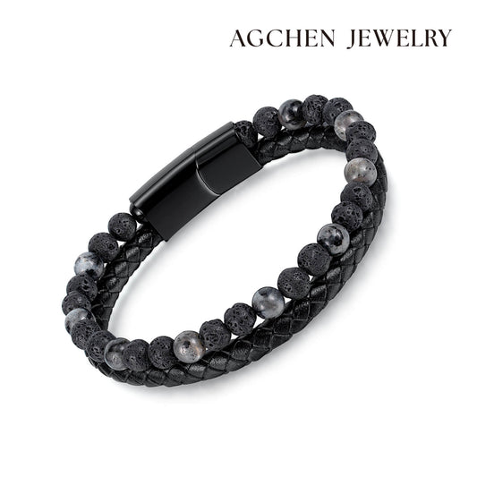 AG Mens 2 Layers Black Leather Woven Beads Bracelet - AGCHEN JEWELRY,man bracelet