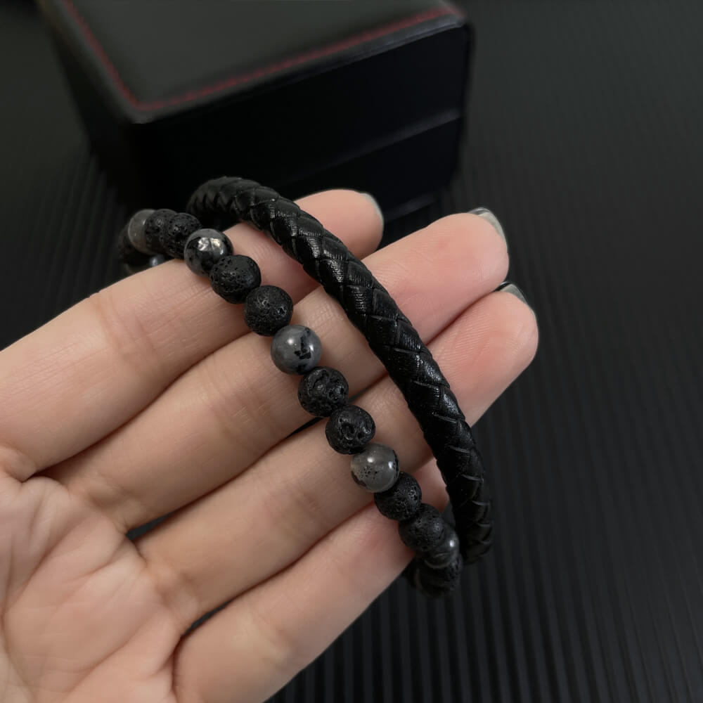 AG Mens 2 Layers Black Leather Woven Beads Bracelet - AGCHEN JEWELRY,man bracelet