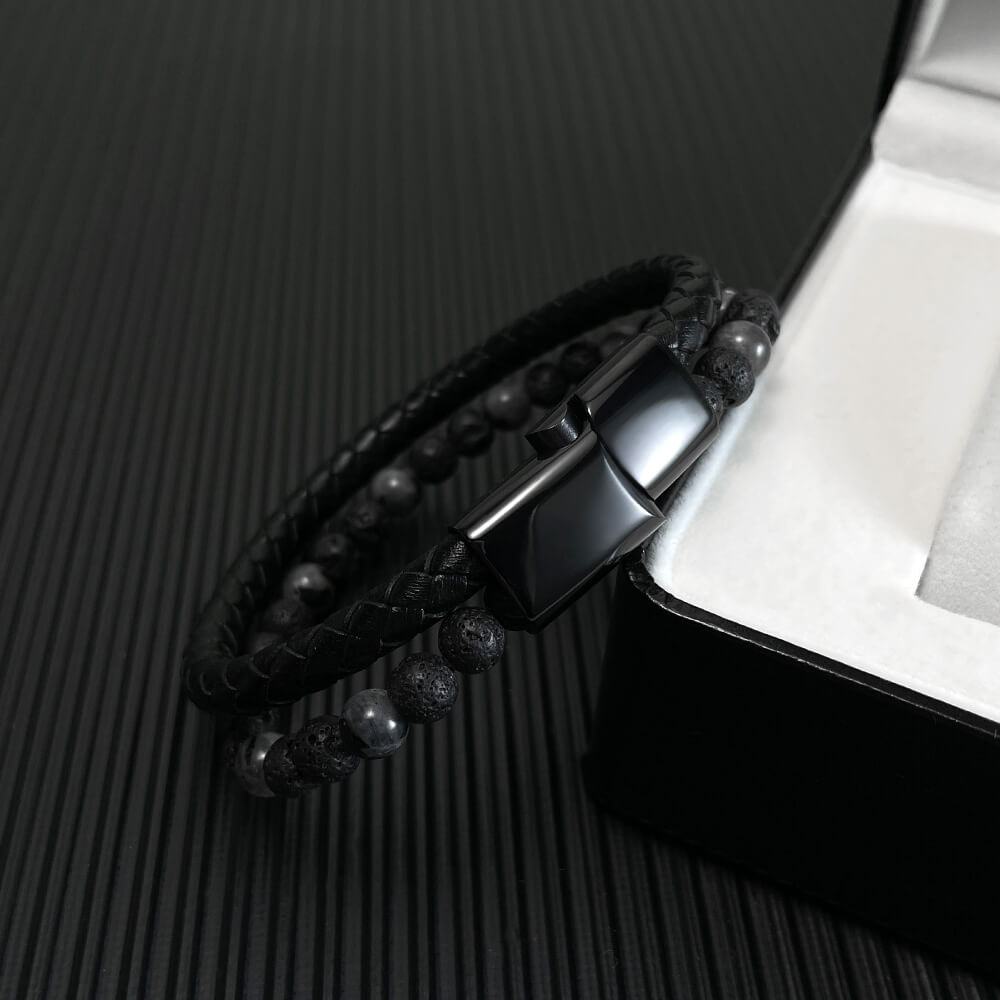AG Mens 2 Layers Black Leather Woven Beads Bracelet - AGCHEN JEWELRY,man bracelet