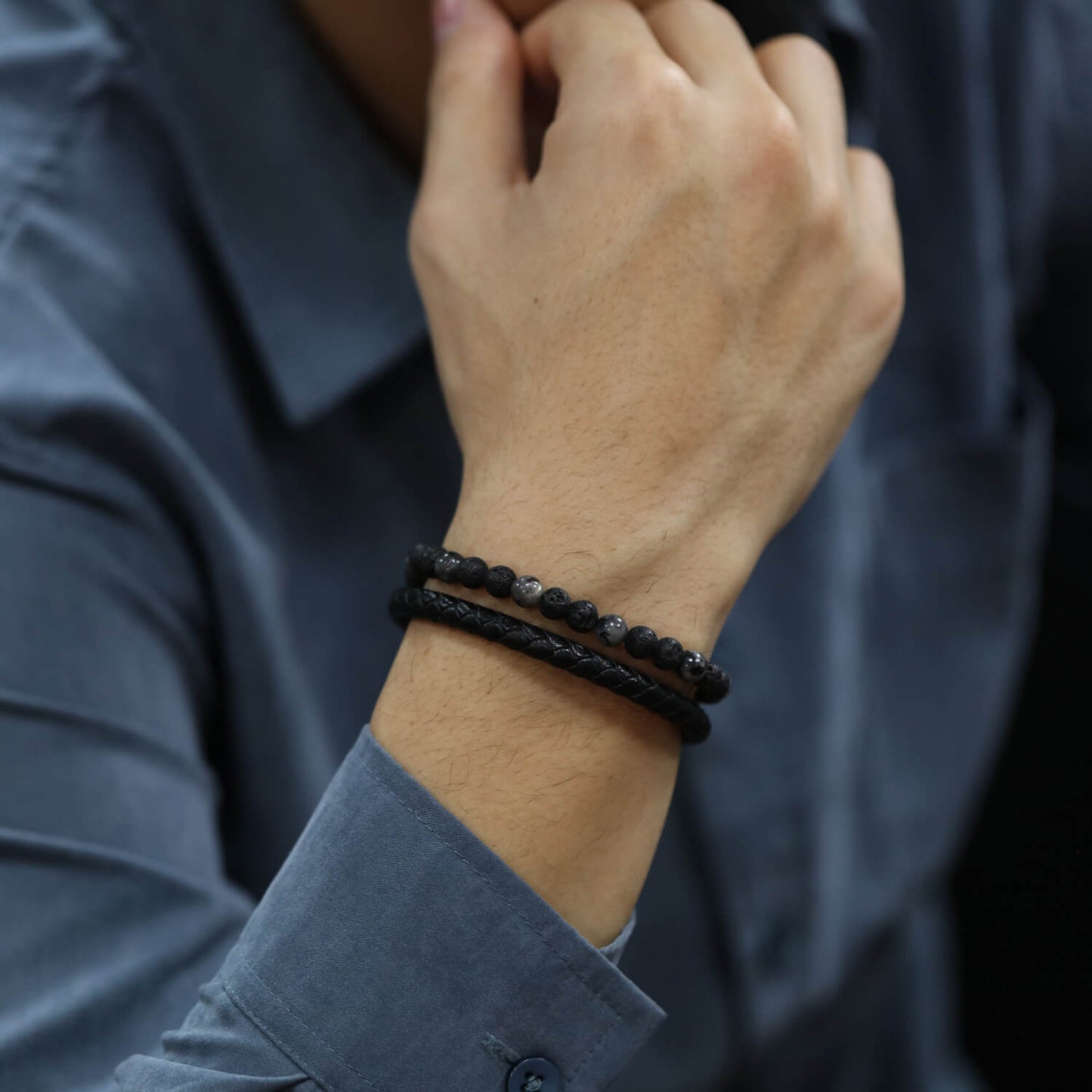 AG Mens 2 Layers Black Leather Woven Beads Bracelet - AGCHEN JEWELRY,man bracelet