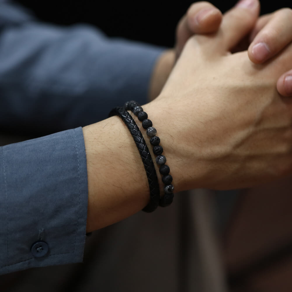 AG Mens 2 Layers Black Leather Woven Beads Bracelet - AGCHEN JEWELRY,man bracelet