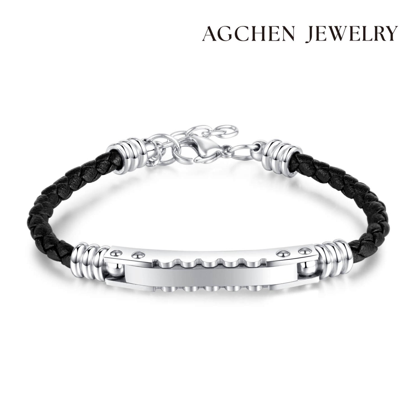 AG Mens Black Leather & Stainless Steel Clever Design Bracelet - AGCHEN JEWELRY,man bracelet