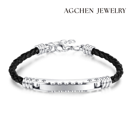 AG Mens Black Leather & Stainless Steel Clever Design Bracelet - AGCHEN JEWELRY,man bracelet