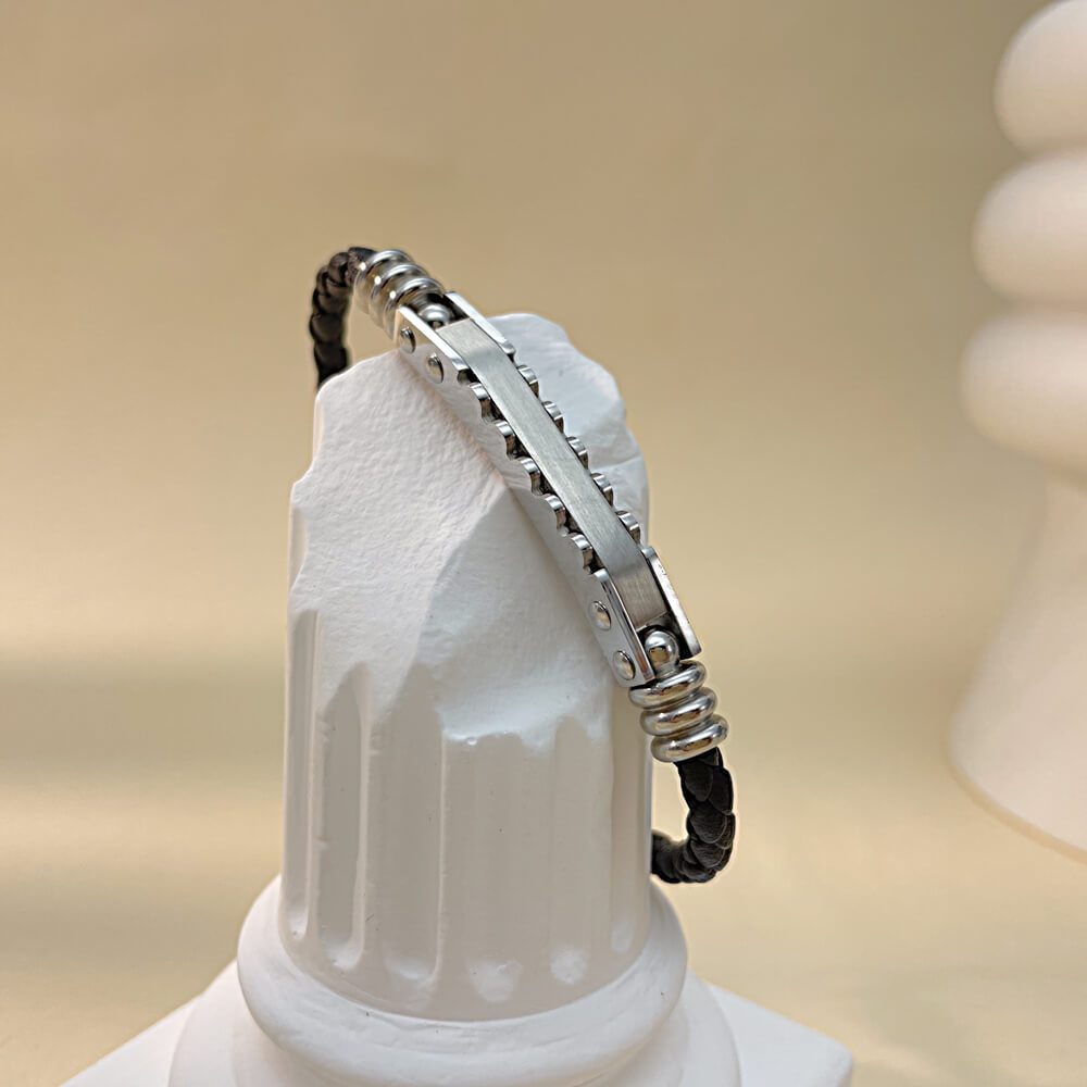 AG Mens Black Leather & Stainless Steel Clever Design Bracelet - AGCHEN JEWELRY,man bracelet