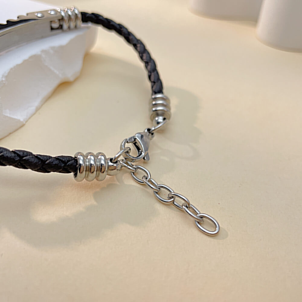 AG Mens Black Leather & Stainless Steel Clever Design Bracelet - AGCHEN JEWELRY,man bracelet