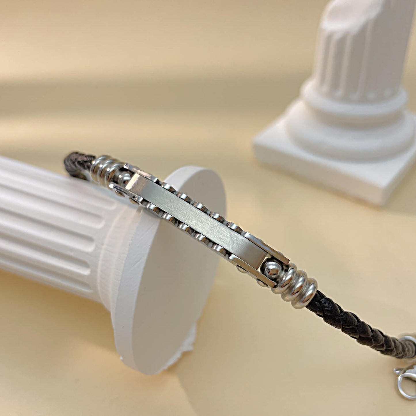 AG Mens Black Leather & Stainless Steel Clever Design Bracelet - AGCHEN JEWELRY,man bracelet