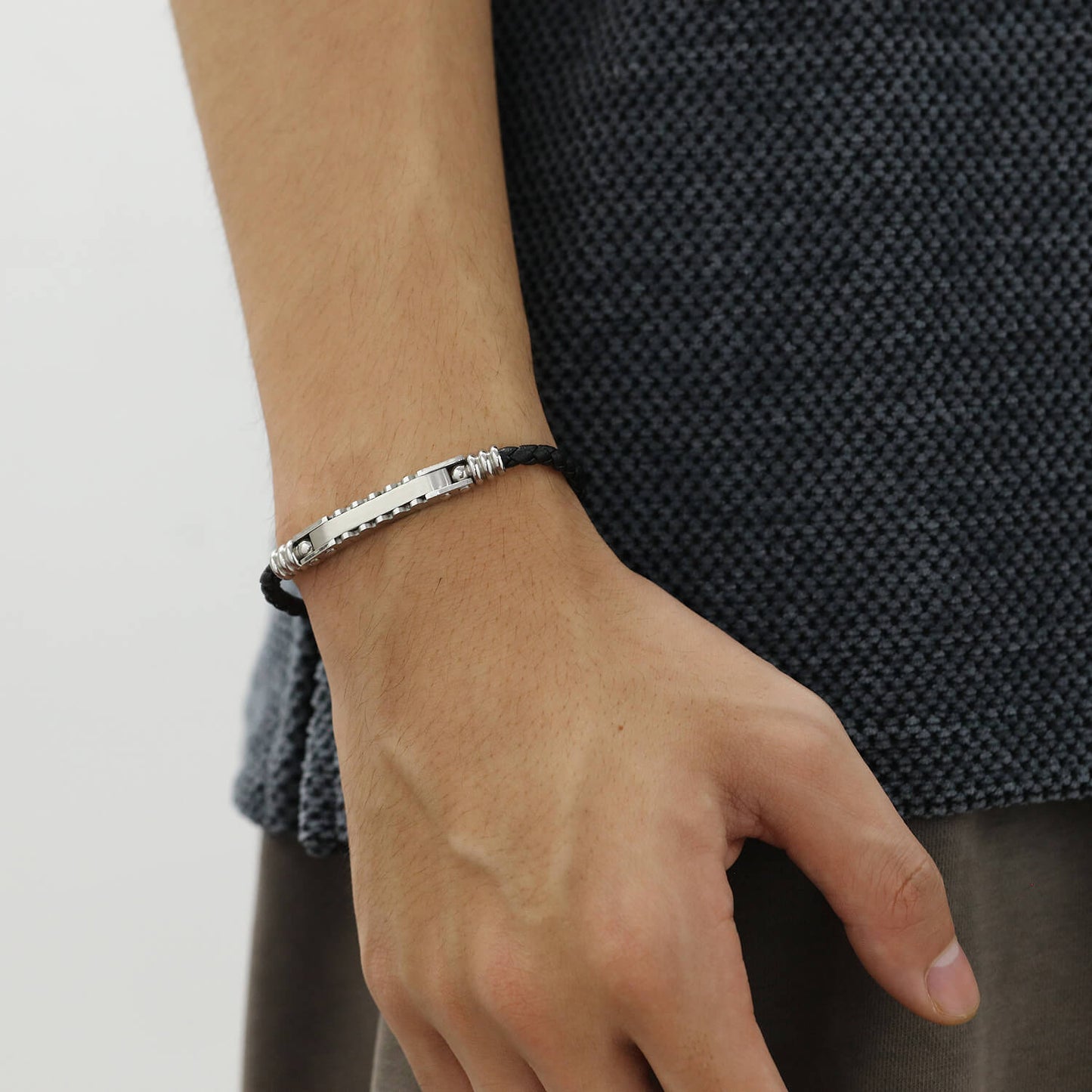 AG Mens Black Leather & Stainless Steel Clever Design Bracelet - AGCHEN JEWELRY,man bracelet