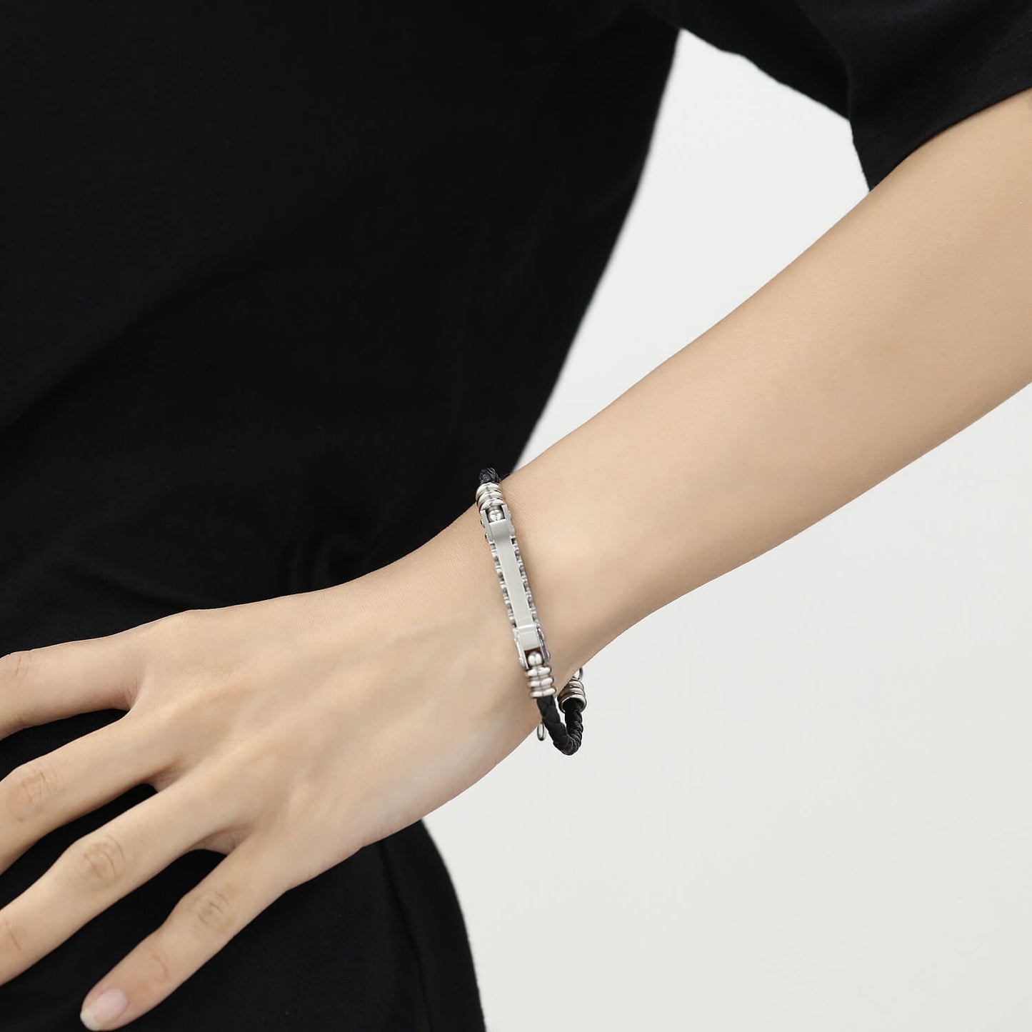 AG Mens Black Leather & Stainless Steel Clever Design Bracelet - AGCHEN JEWELRY,man bracelet