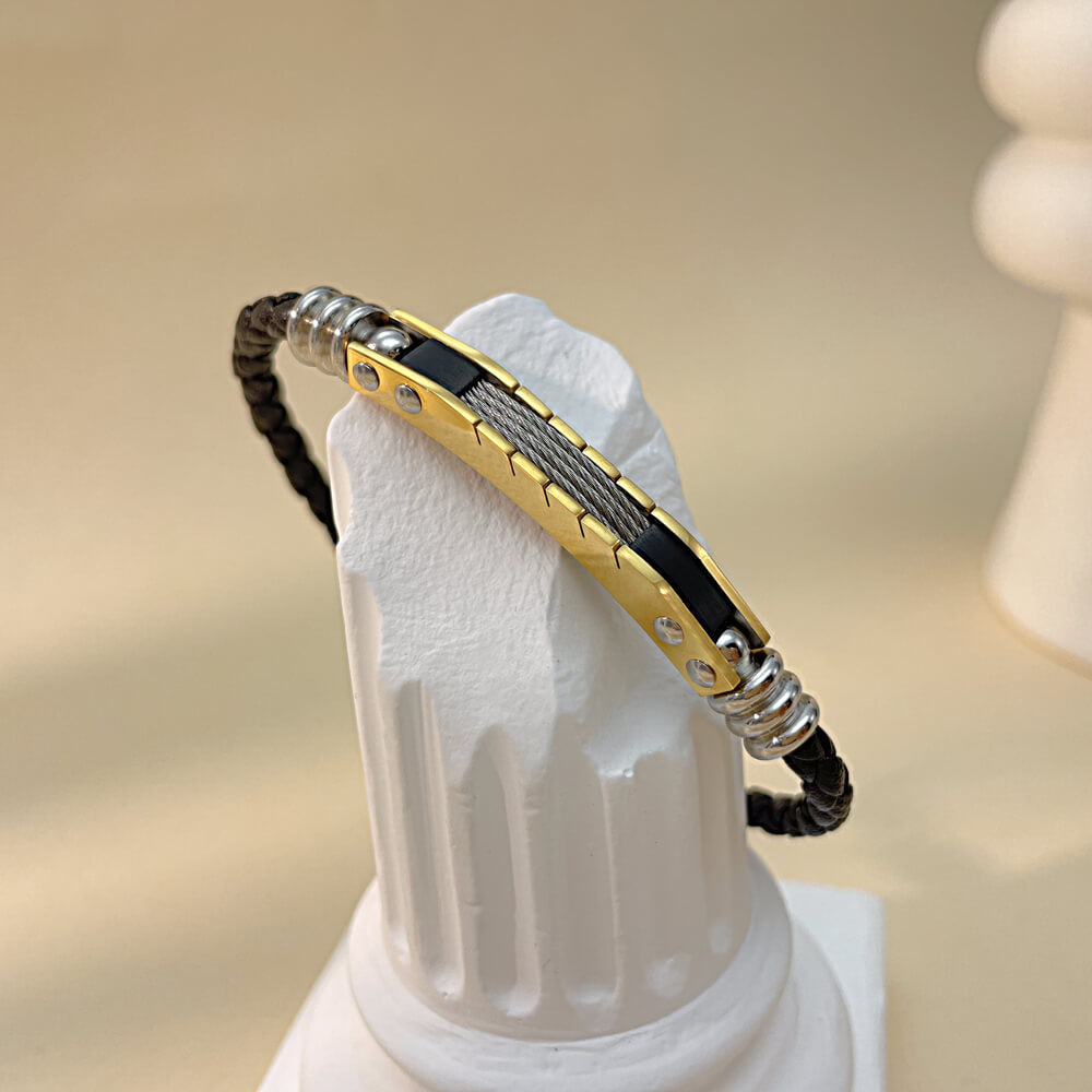 AG Elegant Black Leather & Gold Stainless Steel Lovers Bracelet - AGCHEN JEWELRY,lover bracelet