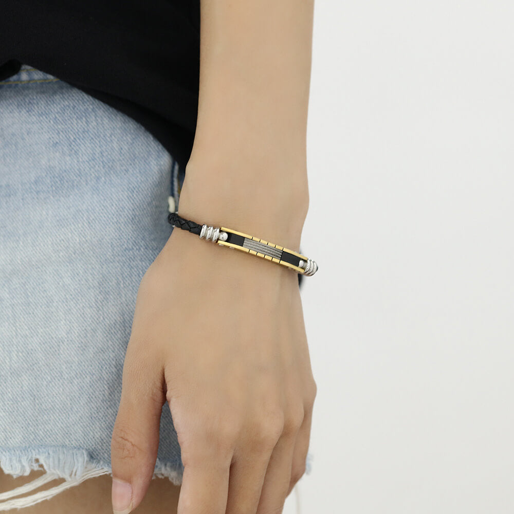 AG Elegant Black Leather & Gold Stainless Steel Lovers Bracelet - AGCHEN JEWELRY,lover bracelet