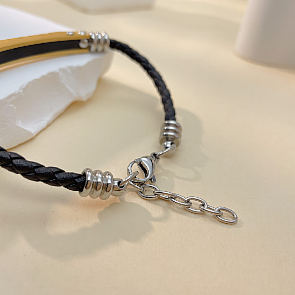 AG Elegant Black Leather & Gold Stainless Steel Lovers Bracelet - AGCHEN JEWELRY,lover bracelet