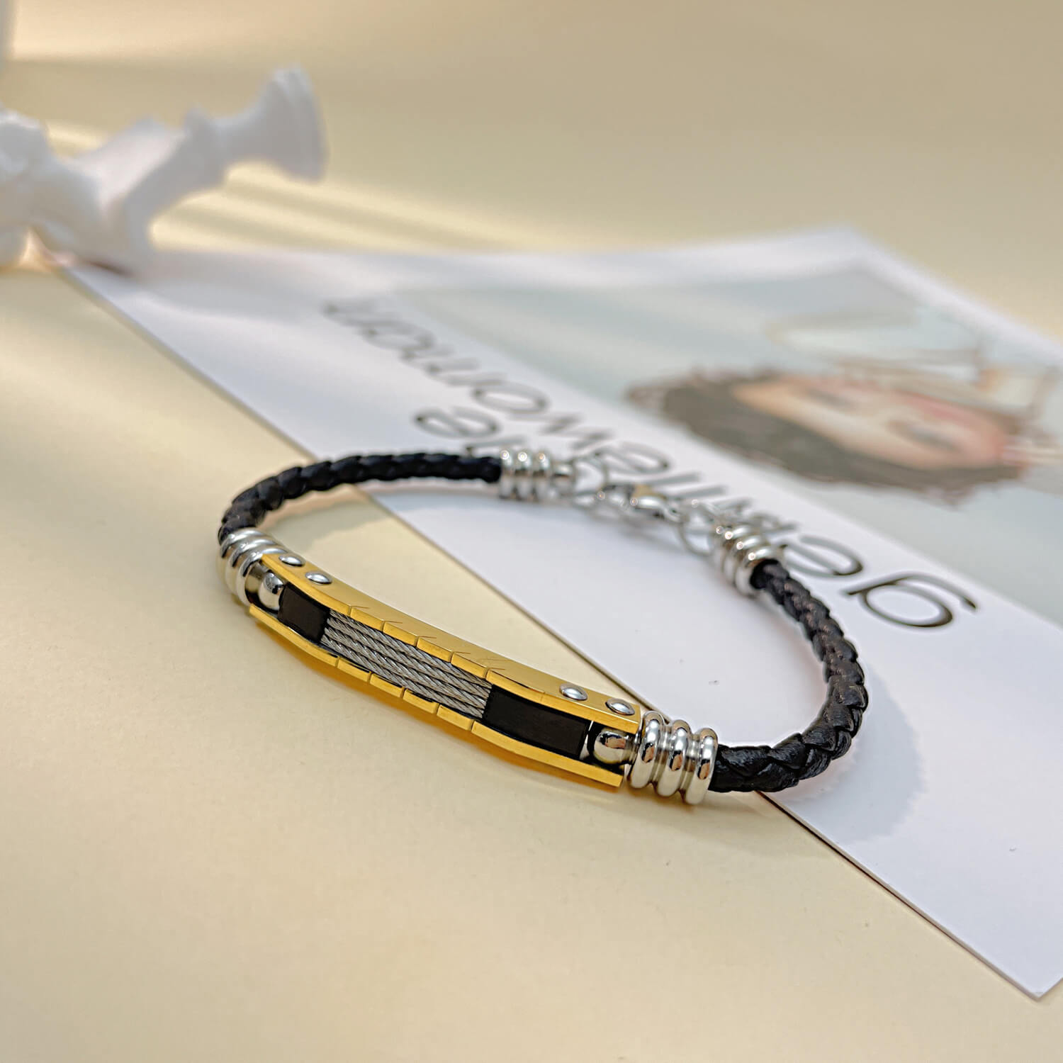 AG Elegant Black Leather & Gold Stainless Steel Lovers Bracelet - AGCHEN JEWELRY,lover bracelet