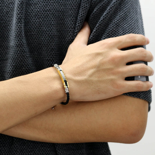 AG Elegant Black Leather & Gold Stainless Steel Lovers Bracelet - AGCHEN JEWELRY,lover bracelet