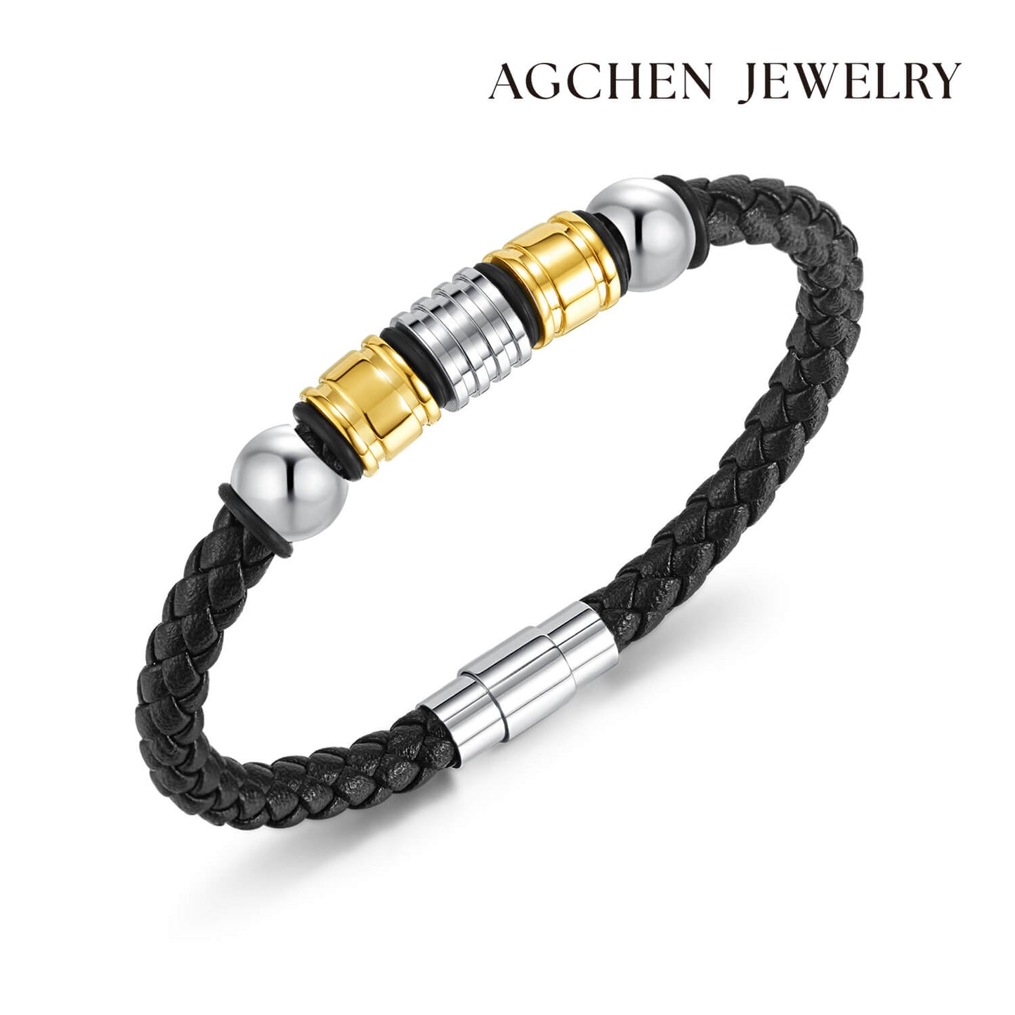 AG Mens Black Fiber Leather Elegant Design Bracelet - AGCHEN JEWELRY,man bracelet