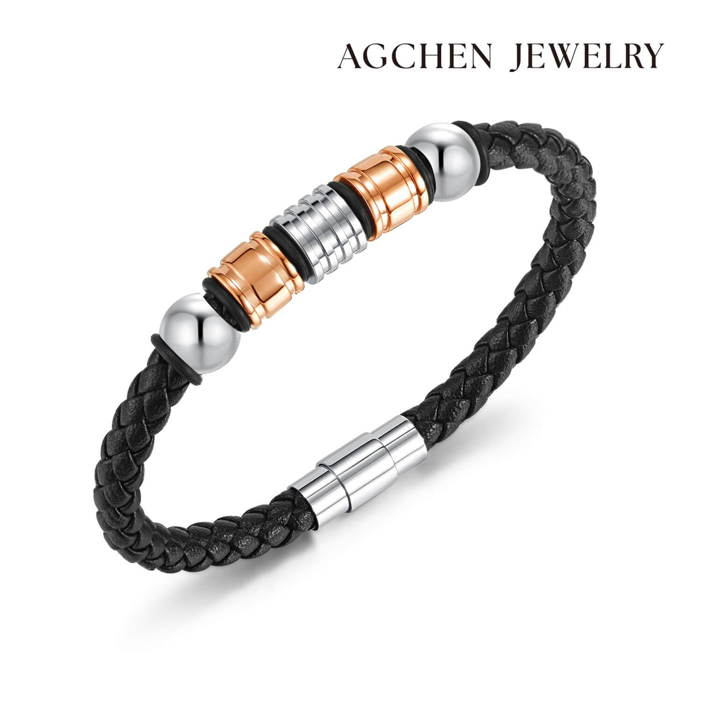 AG Mens Black Fiber Leather Elegant Design Bracelet - AGCHEN JEWELRY,man bracelet