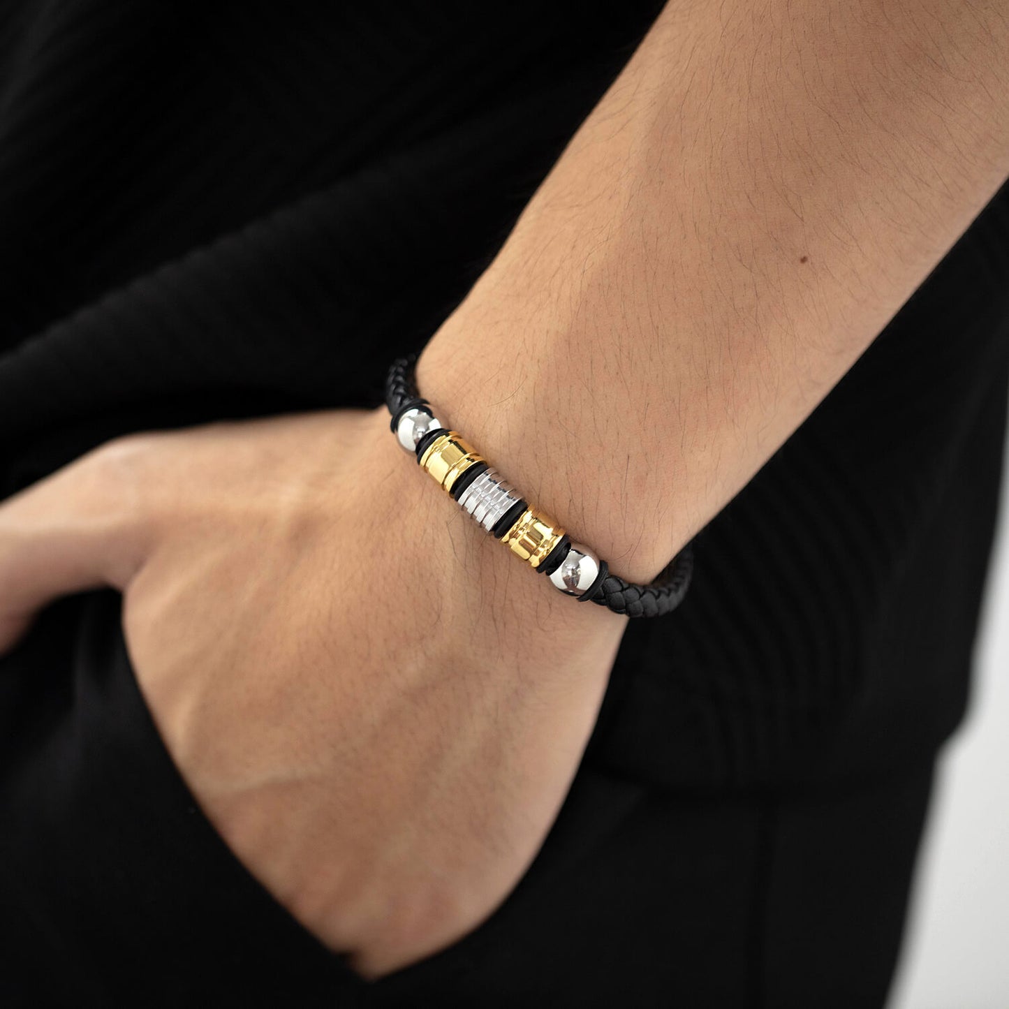 AG Mens Black Fiber Leather Elegant Design Bracelet - AGCHEN JEWELRY,man bracelet