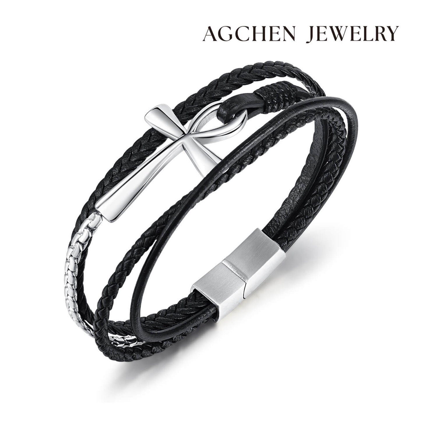 AG Mens Christian Style Black Leather Bracelet With Cross - AGCHEN JEWELRY,man bracelet
