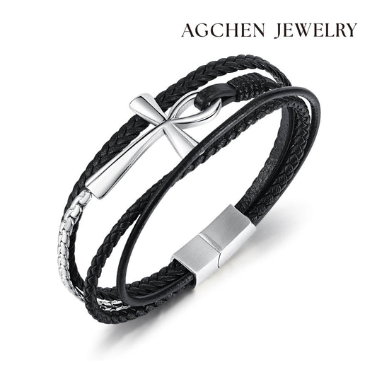 AG Mens Christian Style Black Leather Bracelet With Cross - AGCHEN JEWELRY,man bracelet