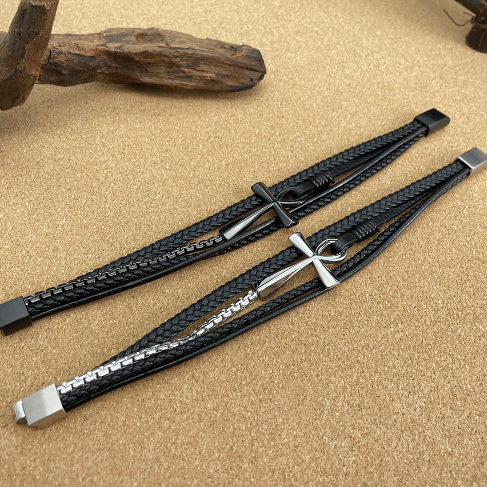 AG Mens Christian Style Black Leather Bracelet With Cross - AGCHEN JEWELRY,man bracelet
