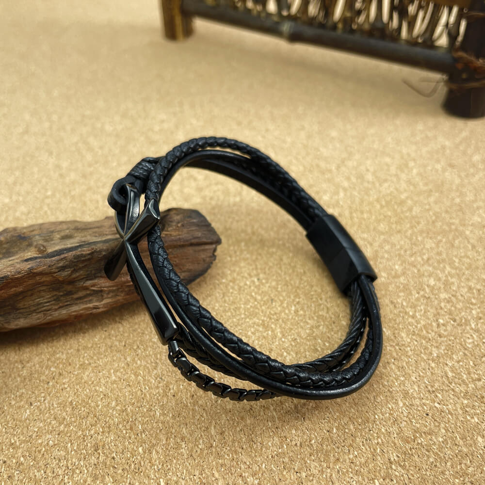 AG Mens Christian Style Black Leather Bracelet With Cross - AGCHEN JEWELRY,man bracelet