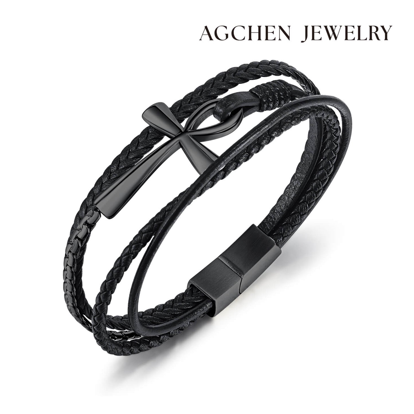 AG Mens Christian Style Black Leather Bracelet With Cross - AGCHEN JEWELRY,man bracelet