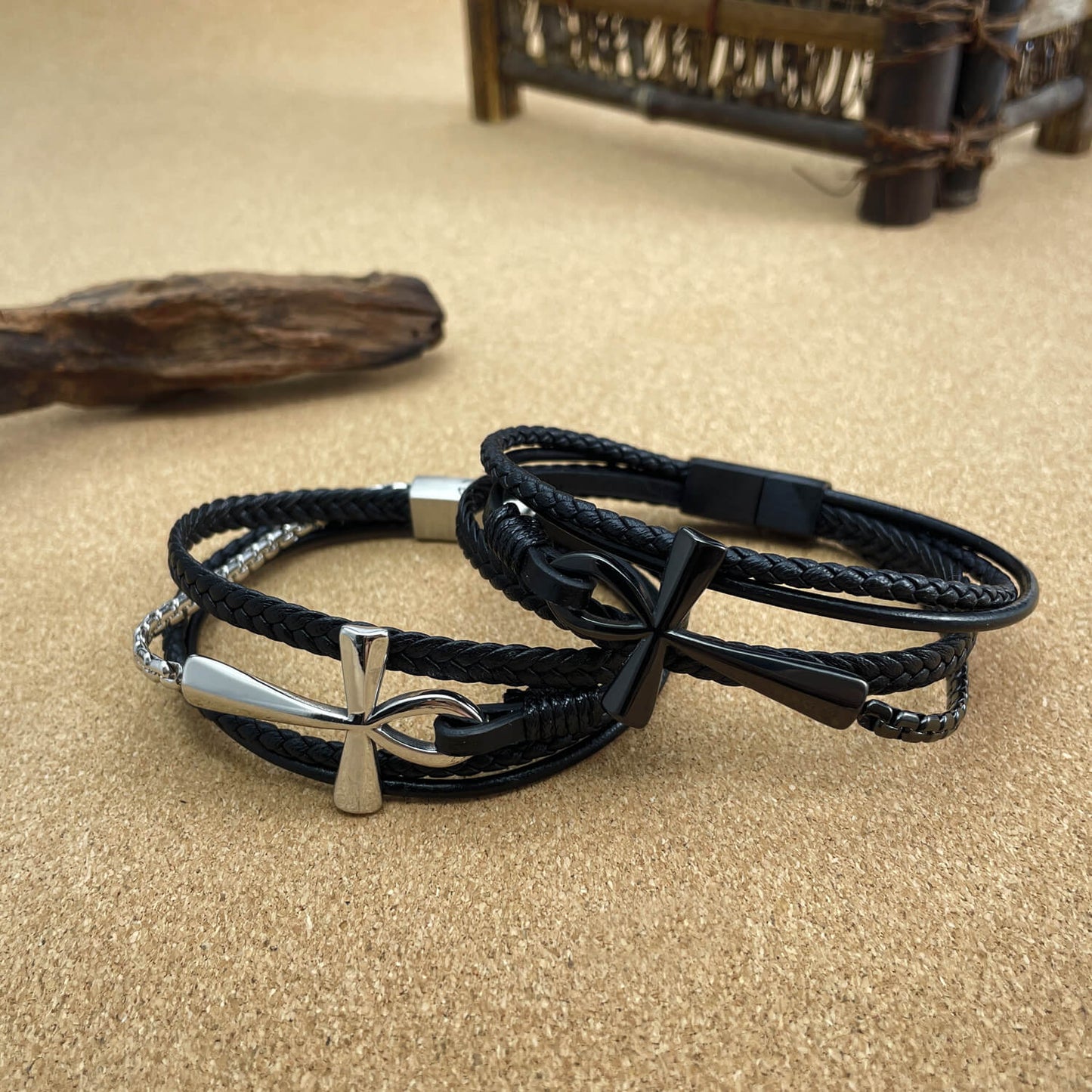 AG Mens Christian Style Black Leather Bracelet With Cross - AGCHEN JEWELRY,man bracelet