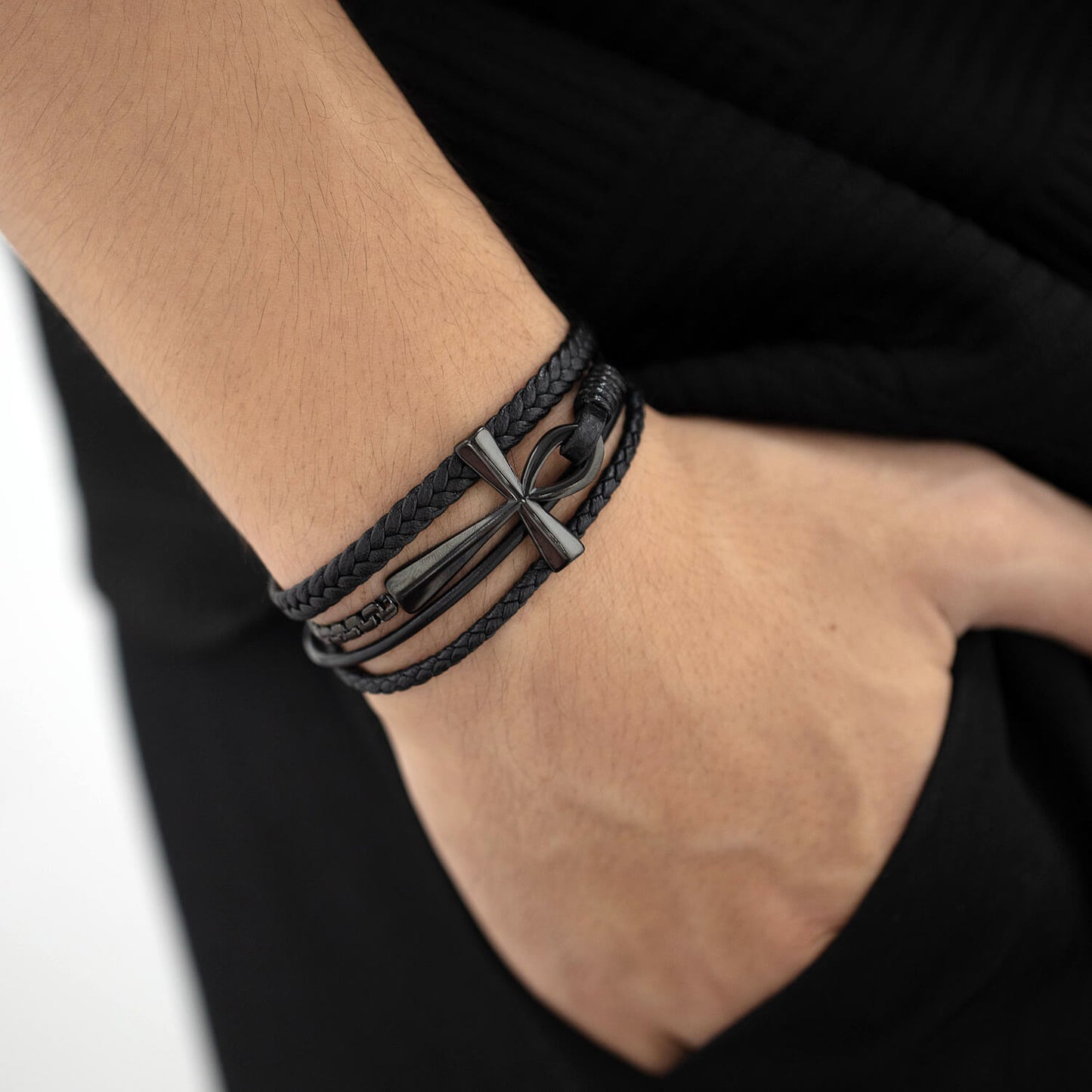 AG Mens Christian Style Black Leather Bracelet With Cross - AGCHEN JEWELRY,man bracelet