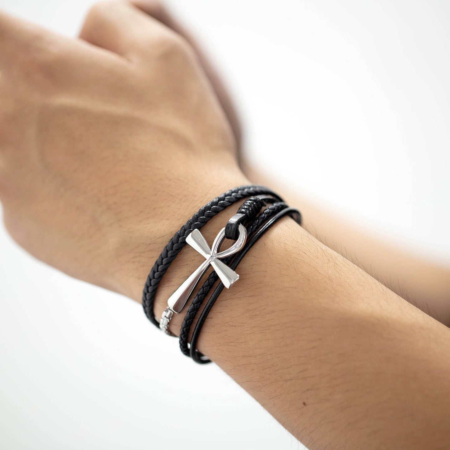AG Mens Christian Style Black Leather Bracelet With Cross - AGCHEN JEWELRY,man bracelet