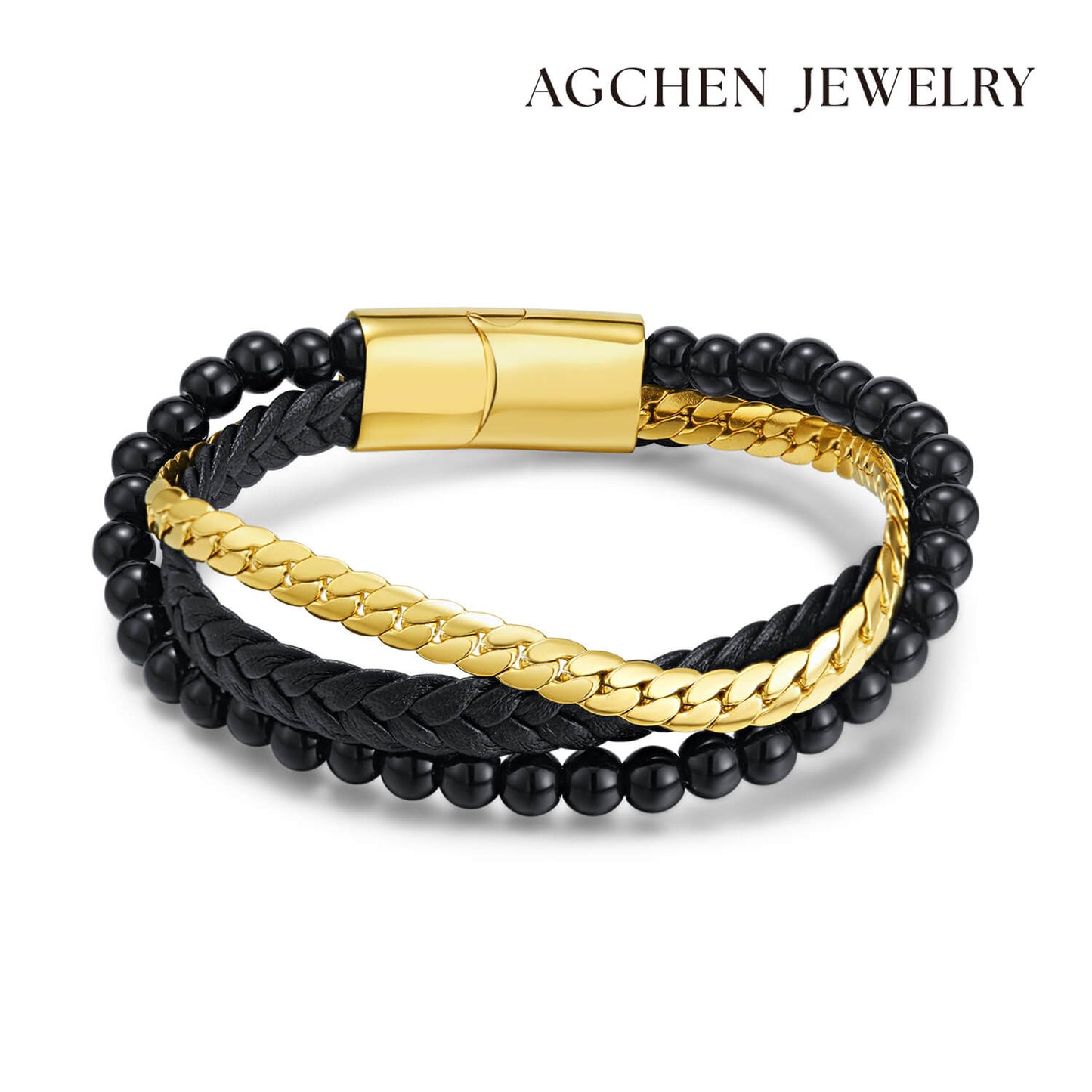 AG Mens 3 Layers Black Leather Stainless Steel Bracelet With beads - AGCHEN JEWELRY,man bracelet