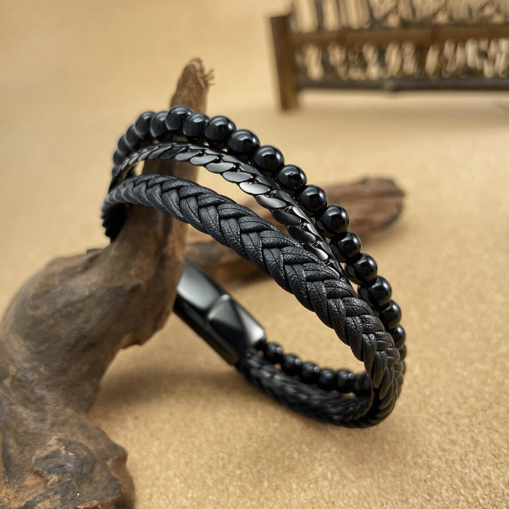 AG Mens 3 Layers Black Leather Stainless Steel Bracelet With beads - AGCHEN JEWELRY,man bracelet