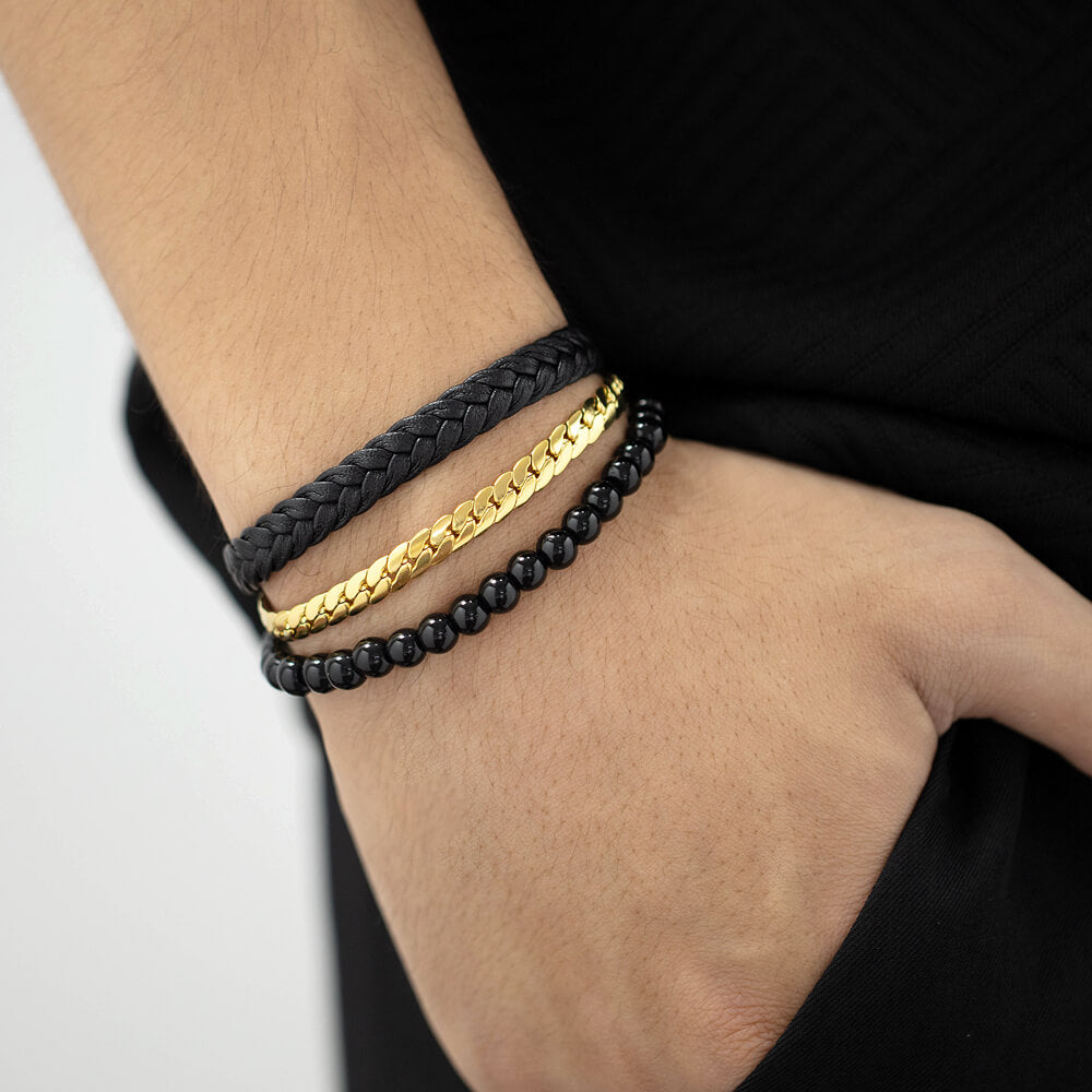 AG Mens 3 Layers Black Leather Stainless Steel Bracelet With beads - AGCHEN JEWELRY,man bracelet