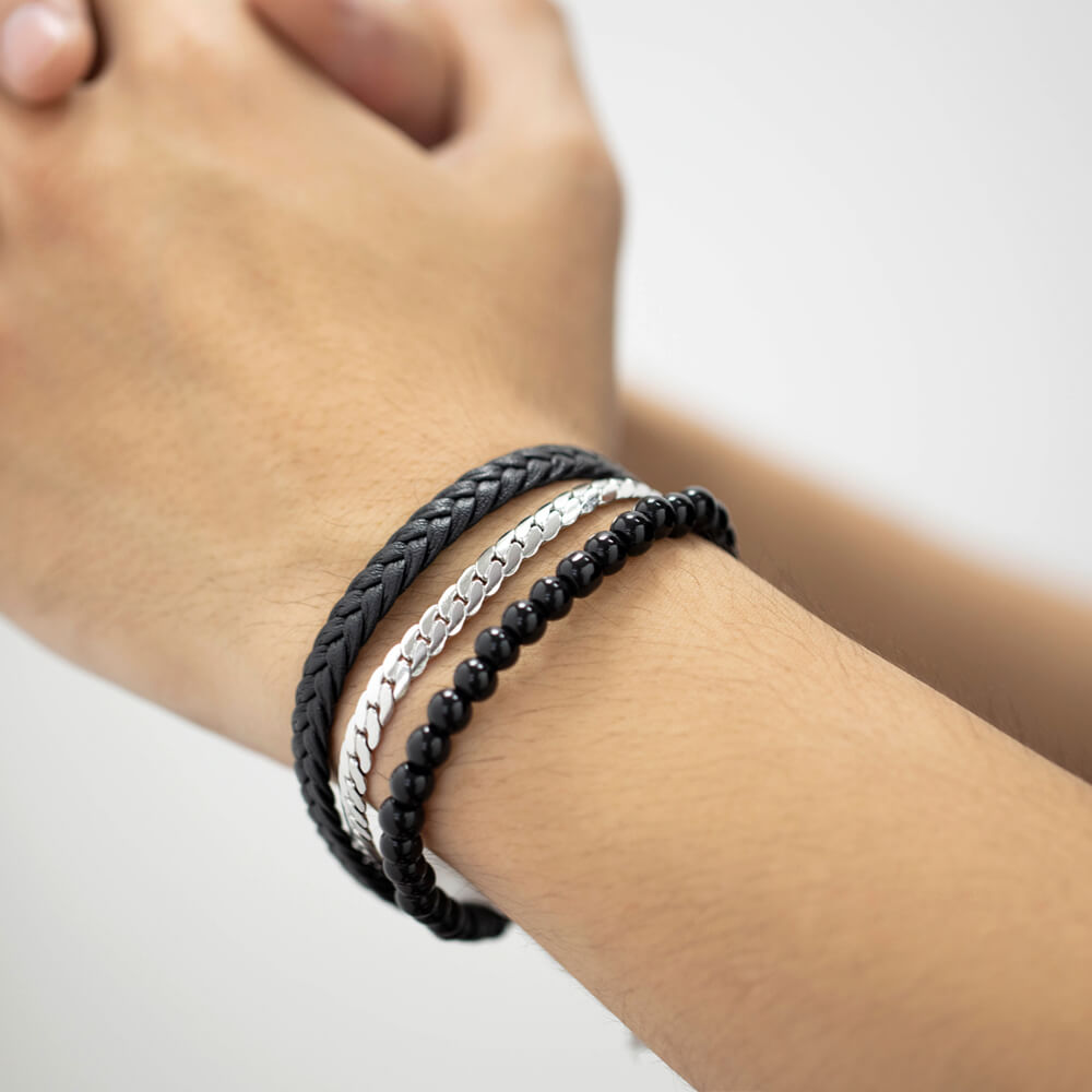 AG Mens 3 Layers Black Leather Stainless Steel Bracelet With beads - AGCHEN JEWELRY,man bracelet