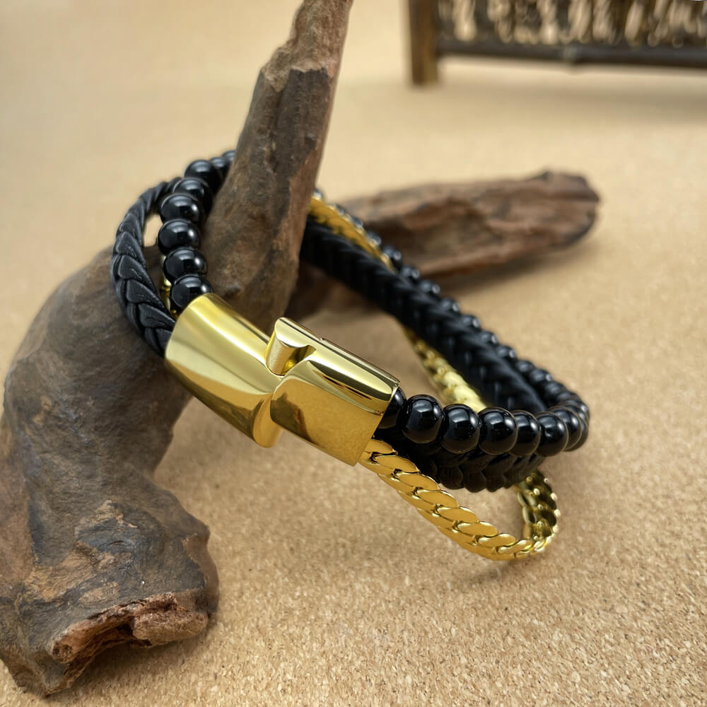 AG Mens 3 Layers Black Leather Stainless Steel Bracelet With beads - AGCHEN JEWELRY,man bracelet