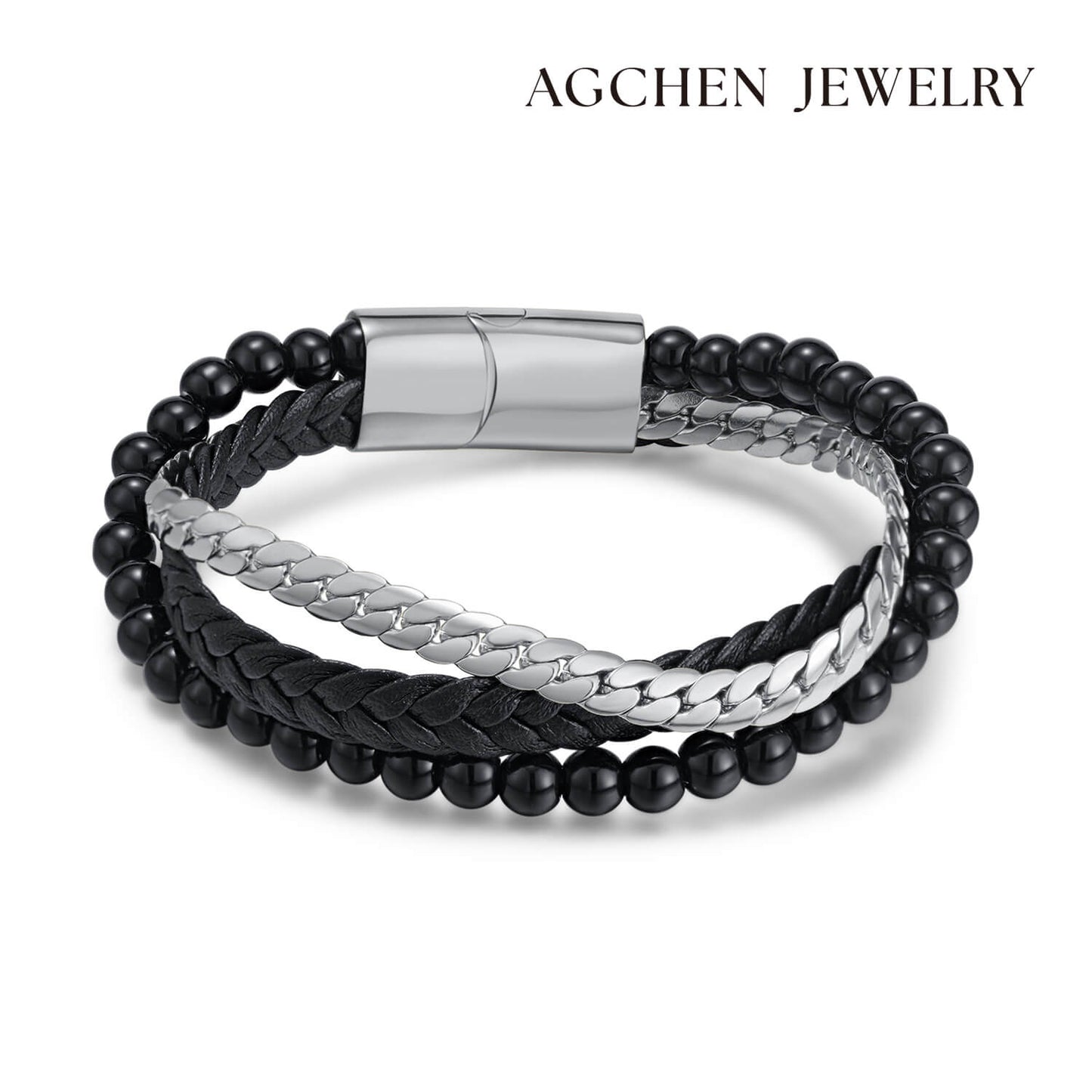AG Mens 3 Layers Black Leather Stainless Steel Bracelet With beads - AGCHEN JEWELRY,man bracelet
