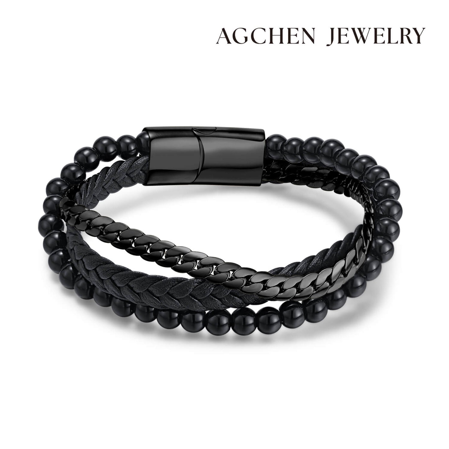 AG Mens 3 Layers Black Leather Stainless Steel Bracelet With beads - AGCHEN JEWELRY,man bracelet