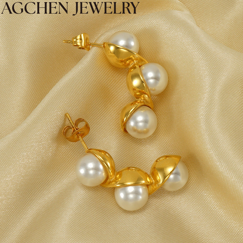 AG Stainless Steel Pea-Shaped Pearl Stud Earrings