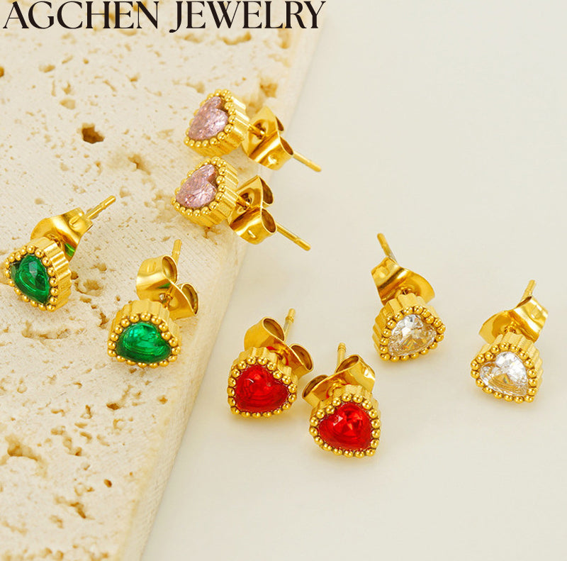 AG Stainless Steel Heart Zirconia Stud Earrings