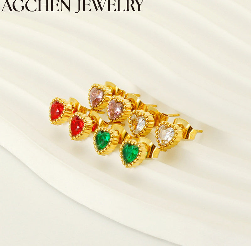 AG Stainless Steel Heart Zirconia Stud Earrings