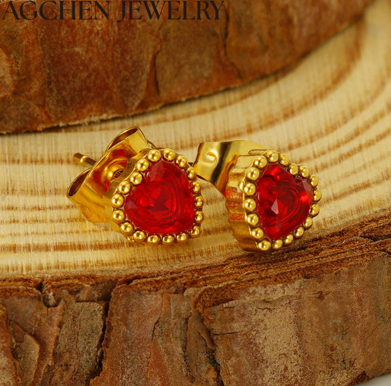 AG Stainless Steel Heart Zirconia Stud Earrings