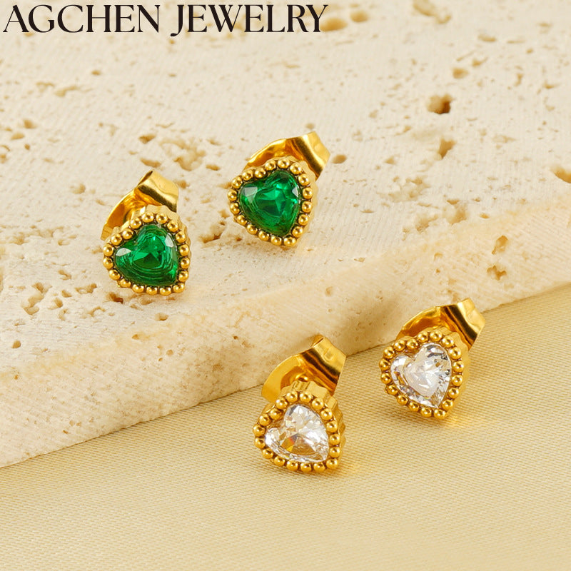 AG Stainless Steel Heart Zirconia Stud Earrings
