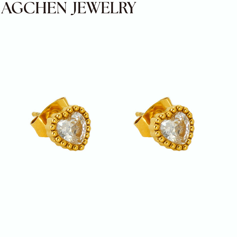 AG Stainless Steel Heart Zirconia Stud Earrings