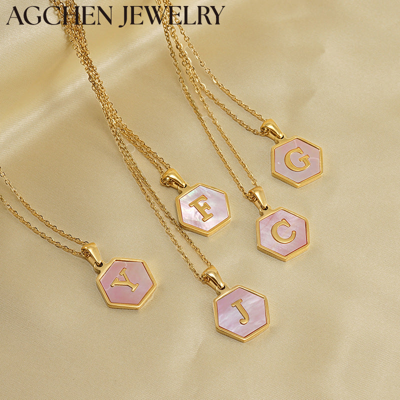 AG Hexagonal Shell Letter Pendant Necklace