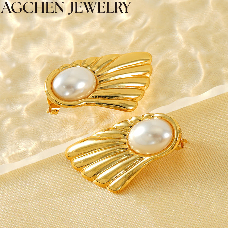 AG Gold Stainless Steel Pearl Stud Earrings