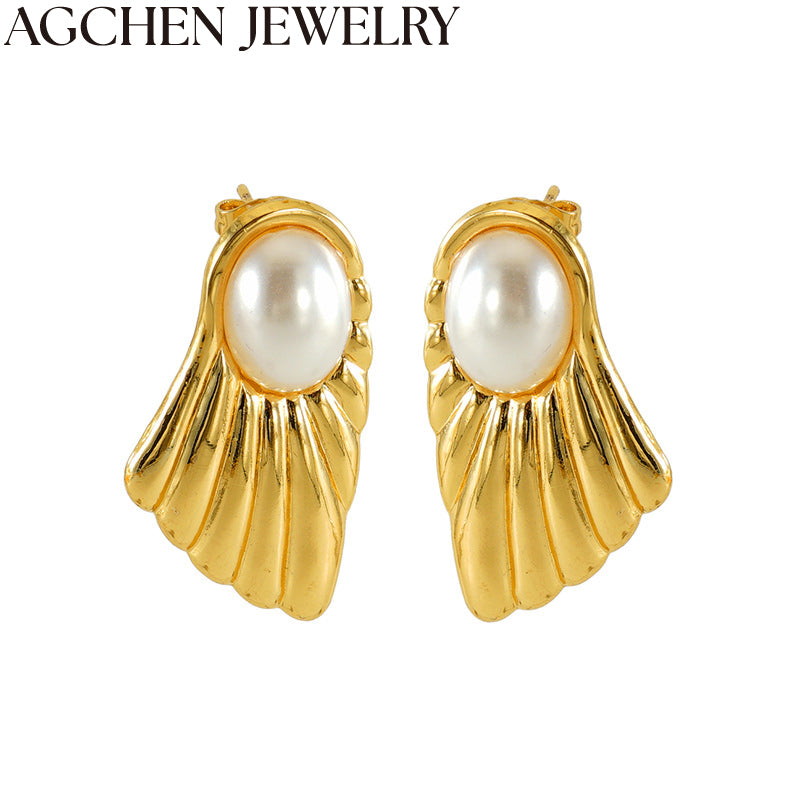 AG Gold Stainless Steel Pearl Stud Earrings